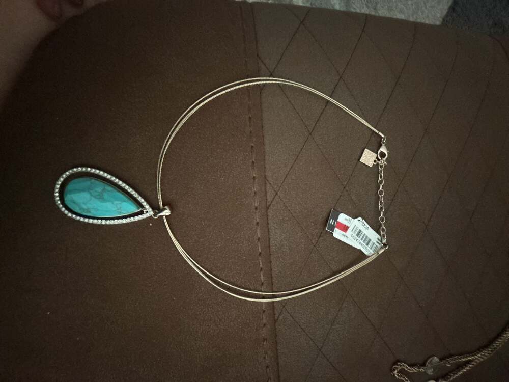 Lucky Brand Silver Tone Pear Shaped Large Pendant Necklace Turquoise Tassel Set - Picture 2 of 7